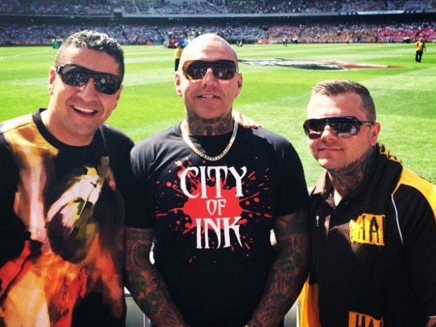 Kazem Hamad at the footy with Toby Mitchell and senior Mongol bikie Tyrone Bell. Picture: Instagram