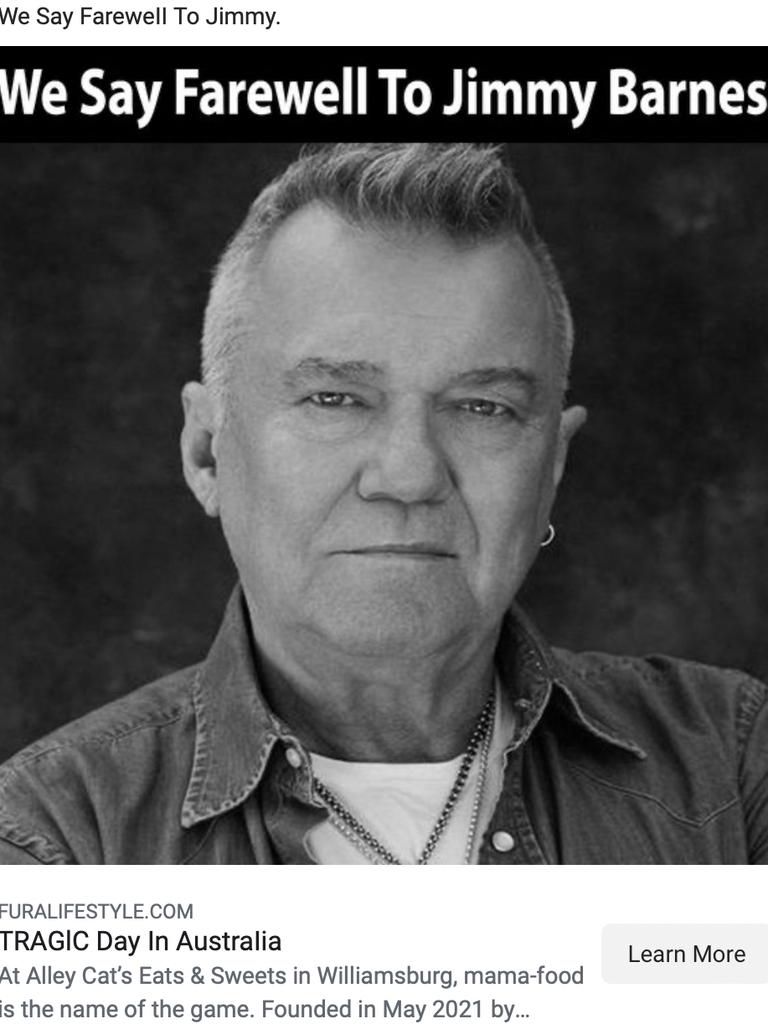 A screenshot from a scam advertisement on Facebook using Jimmy Barnes’ image.