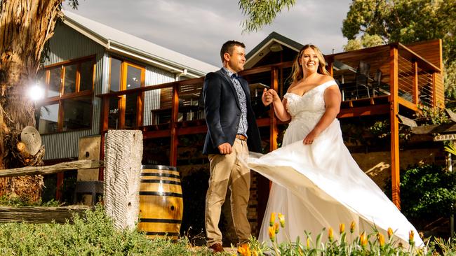 Chad Rothe and Louise Harris at Lake Breeze Wines, Langhorne Creek, where they will marry on February 13. Picture: Morgan Sette