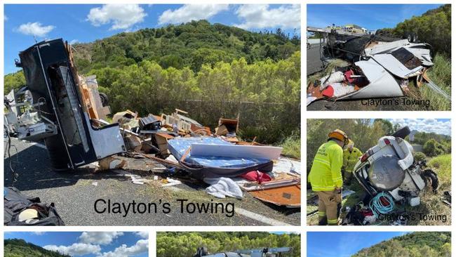 A man was lucky to survive a nasty caravan crash when his car blew a tyre on the Bruce Highway near Gympie yesterday Pictures: Courtesy of the Clayton's Towing Facebook page