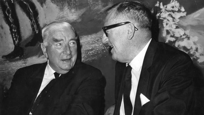 Old foes, the knighted Robert Menzies and the never knighted (news to some) Arthur Calwell in 1969. Picture: News Corporation