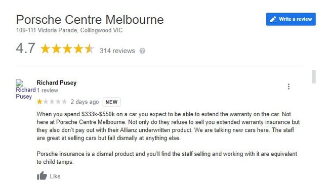 A one-star review written about the Porsche Centre Melbourne by an author claiming to be Richard Pusey.