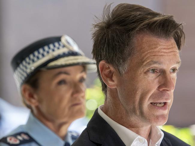 Premier Chris Minns and Police Commissioner Karen Webb at St George Police Station providing an updated on police investigations into antisemitic vandalism across Sydney. Picture: NewsWire / Simon Bullard.
