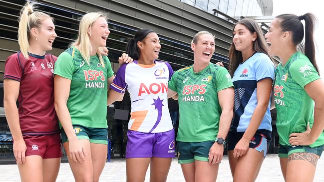 (LtoR) Rugby Sevens players Sophie Duff, Maddison Levi, Fatal Moleka, Sharni Williams, Milla Elaro, and Madison Ashby as part of the Rugby Sevens launch. Pic: Jeremy Piper