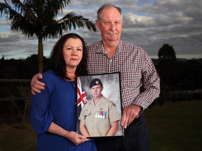 Sapper Rowan Robinson’s parents Peter and Marie at their home on the Gold Coast. Picture: Gary Ramage