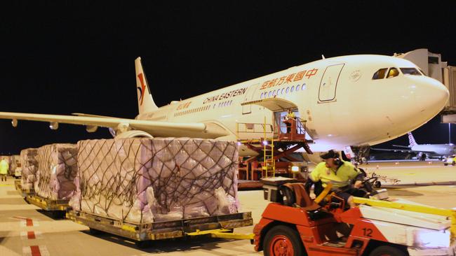 Supplies for Minderoo are unloaded at Perth Airport. Picture: AAP