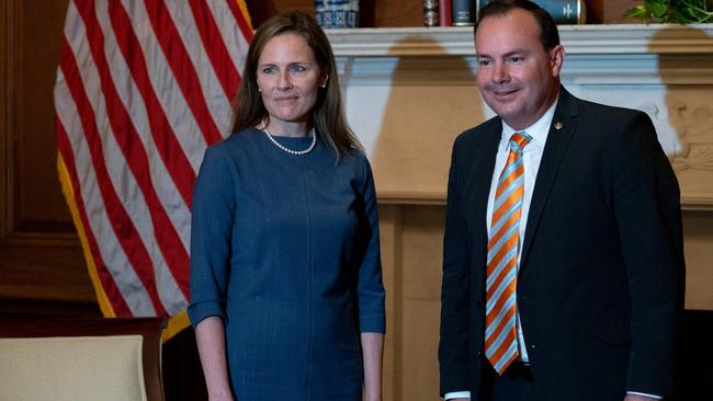 Amy Coney Barrett meets Republican senator Mike Lee in Washington last month. Picture: AFP