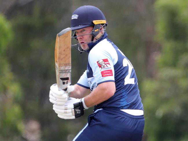 Aaron Maynard of St Francis skies a shot during the VTCA Cricket match between St Francis de Sales versus West Coburg played at JP Fawkner Reserve Oak Park on Saturday 8th December, 2018.