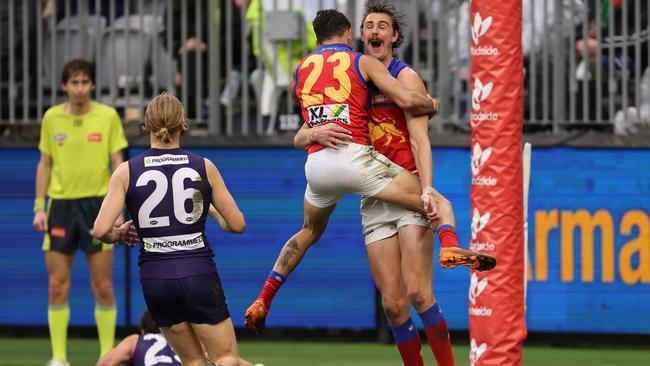 Brisbane spearhead Joe Daniher celebrates the Lions return to form in their dominant win over Fremantle at Optus Stadium. (Picture: Getty Images.