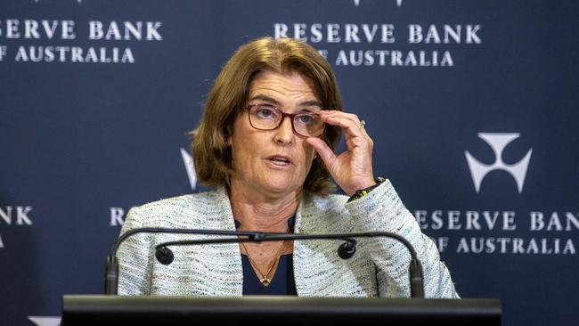 SYDNEY, AUSTRALIA - NewsWire photos FEBRUARY 06, 2024: Pictured is Michele Bullock the Australian economist who is currently governor of the Reserve Bank of Australia speaking at a press conference at the Reserve Bank of Australia (RBA) in Sydney. Picture: NCA NewsWire / Dylan Coker