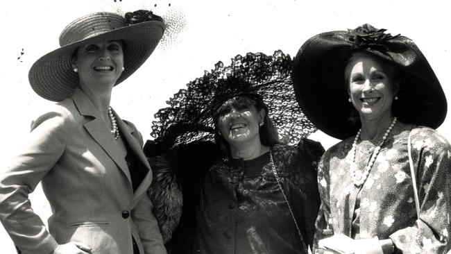 Socialites Primrose Dunlop, Lillian Frank and Lady Primrose Potter at the Flemington Races in 1988.