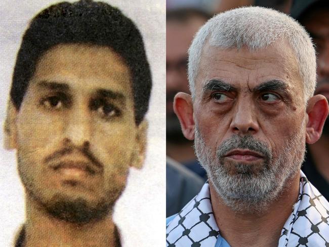 Hamas leaders Mohammed Deif, left, in 2000 and Yahya Sinwar in 2022. Picture: AFP