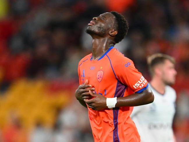 Hosine Bility of the Roar reacts after receiving a red card. Picture: Getty Images