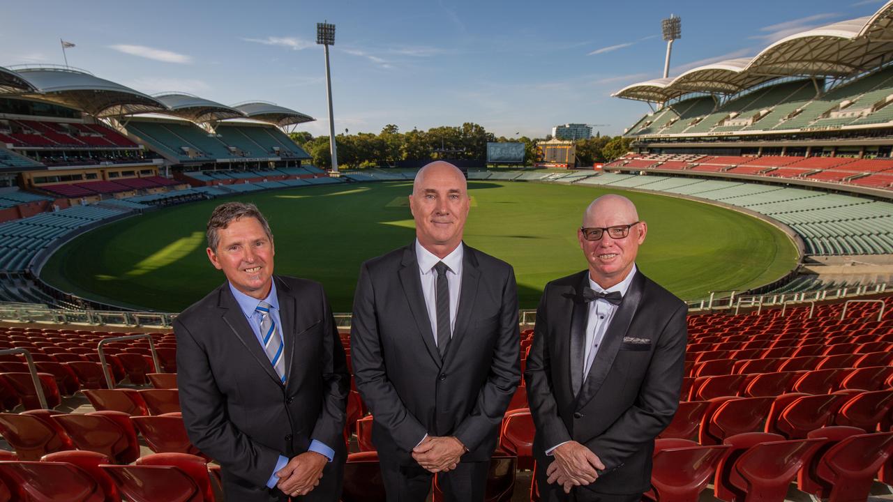 Andrew Obst representing father Peter Obst, Roger Delaney and Rohan Smith at Port Adelaide’s 2023 season launch and Hall of Fame event. Picture: Ben Clark