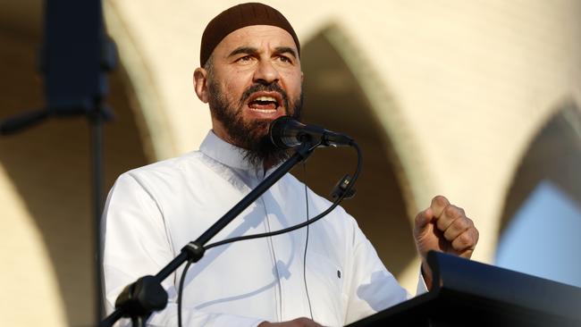 The Muslim Vote convener Wesam Charkawi speaking outside Lakemba Mosque, southwest Sydney. Picture: Jonathan Ng