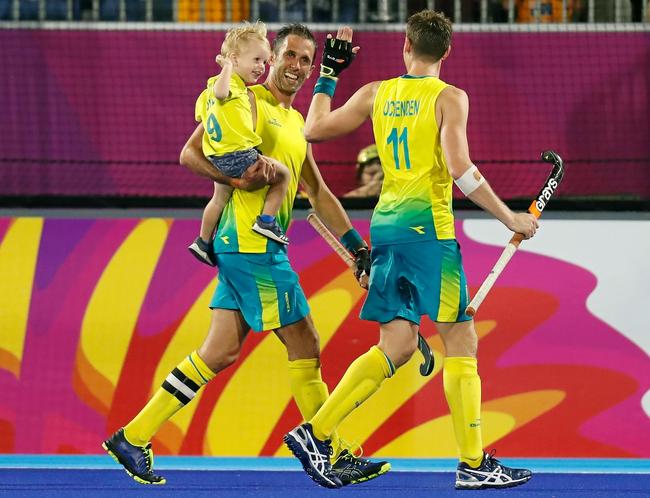Mark Knowles celebrates with his family after winning the Mens Hockey gold medal match against New Zealand at the Gold Coast 2018 Commonwealth Games on April 14, 2018. (Photo by Michael Willson). Picture: Michael Willson
