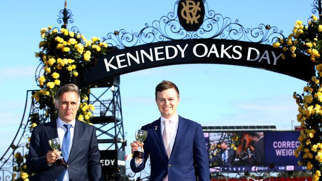 Tom Dabernig and Ben Hayes after their first Oaks success as co-trainers.