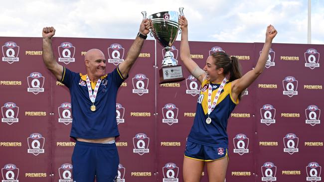 Bond University Bull Sharks celebrate winning the 2023 Bond University QAFLW grand final. Picture: AFL Queensland.