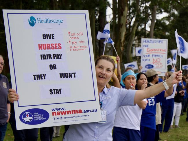 About 300 nurses and midwives at Northern Beaches Hospital attended a stop work rally on Tuesday, November 5, 2024.  They walked off the job for three hours as part of an industrial campaign for improved pay and conditions.