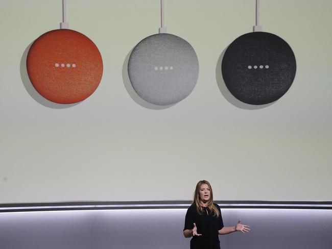 Google's Isabelle Olsson speaks about Google Home Mini devices, on display behind her. Picture: Jeff Chiu