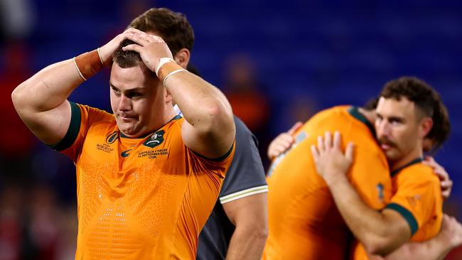 LYON, FRANCE - SEPTEMBER 24: Blake Schoupp of Australia looks dejected at full-time following the Rugby World Cup France 2023 match between Wales and Australia at Parc Olympique on September 24, 2023 in Lyon, France. (Photo by Chris Hyde/Getty Images)