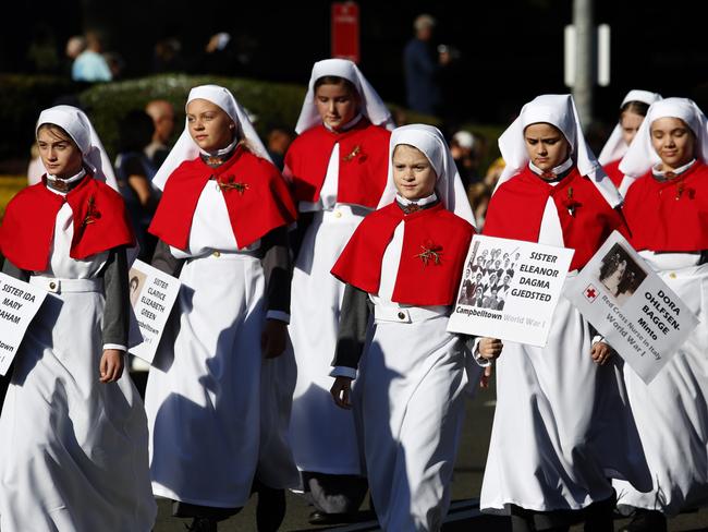 St Patrick’s College Campbelltown students honour the nurses who served. Picture: Robert Pozo