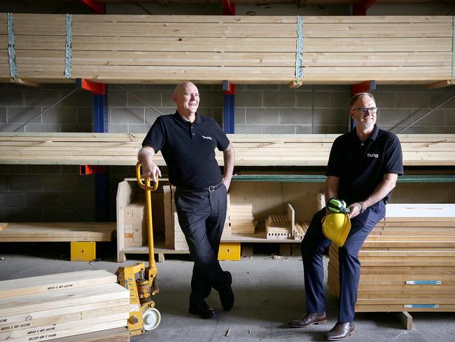 TAFE team leader for electro technology Lee Wilton and team leader for carpentry Greg O'Neill posing at the carpentry workshop at TAFE Nirimba campus in Quakers Hill. Picture: Carmela Roche