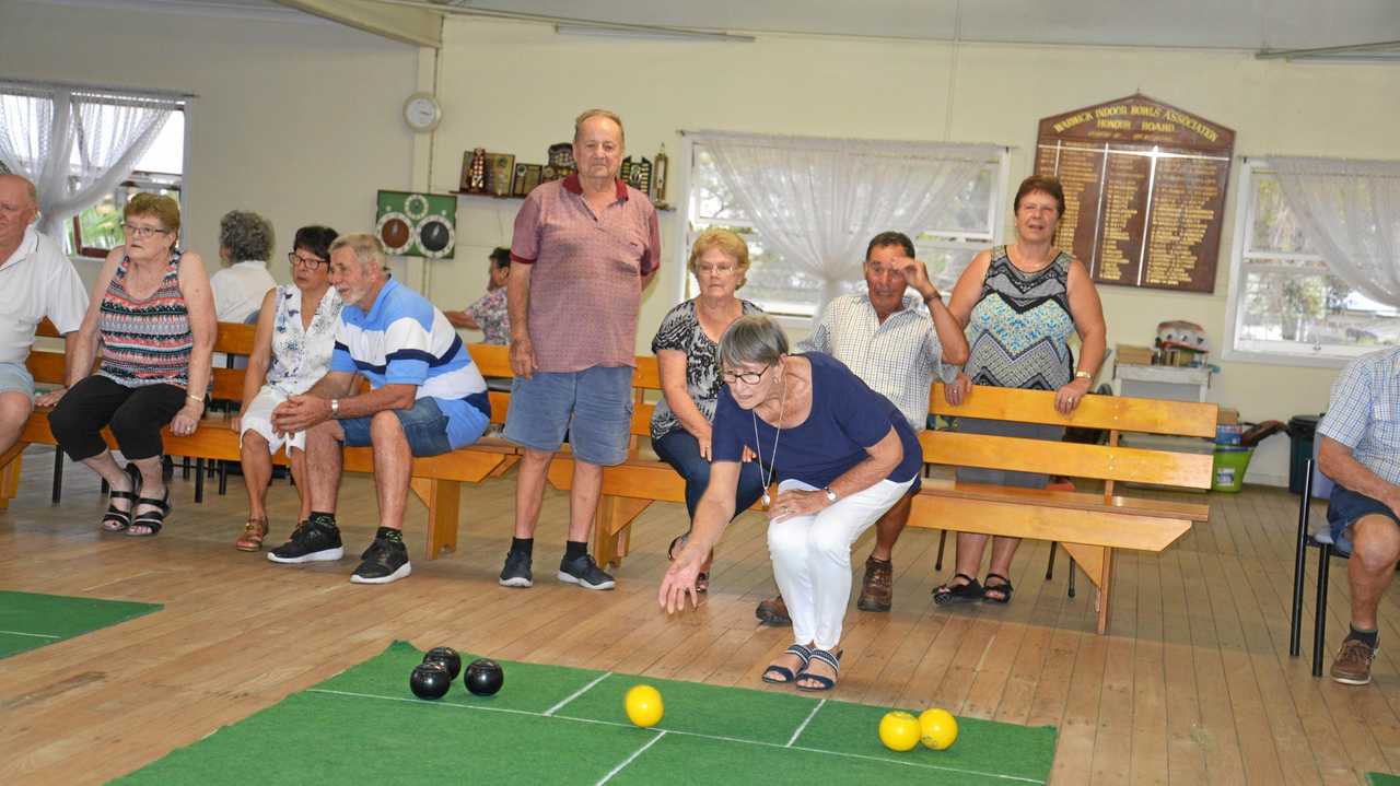 LINED UP: Stanthorpe player Val Matthews delivers a bowl in the Maroon Shield indoor bowls clash with Warwick at St Mary's Indoor Bowls Hall. Picture: Gerard Walsh