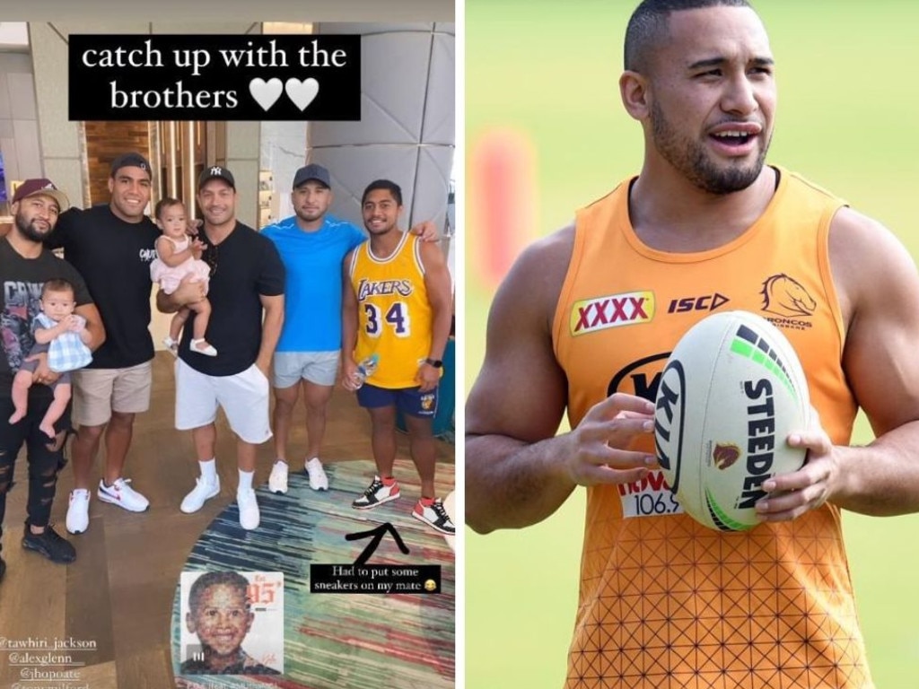 Broncos players with Joe Ofahengaue and axed player Jamil Hopoate.