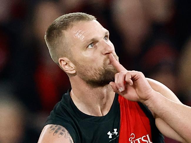 MELBOURNE, AUSTRALIA - JUNE 23: Jake Stringer of the Bombers celebrates a goal during the 2024 AFL Round 15 match between the Essendon Bombers and the West Coast Eagles at Marvel Stadium on June 23, 2024 in Melbourne, Australia. (Photo by Michael Willson/AFL Photos via Getty Images)