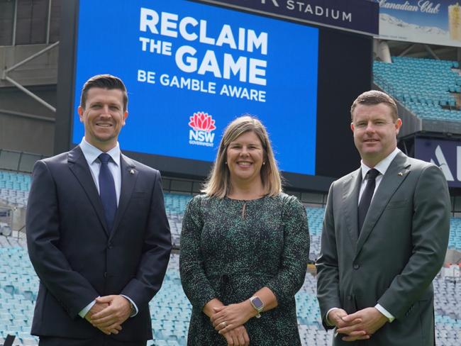 Bulldogs and Rabbitohs_Reclaim the Game Announcement. Aaron Warburton, CEO Canterbury-Bankstown Bulldogs, Natalie Wright, Director Office of Responsible Gambling, Blake Solly, CEO South Sydney Rabbitohs. Supplied