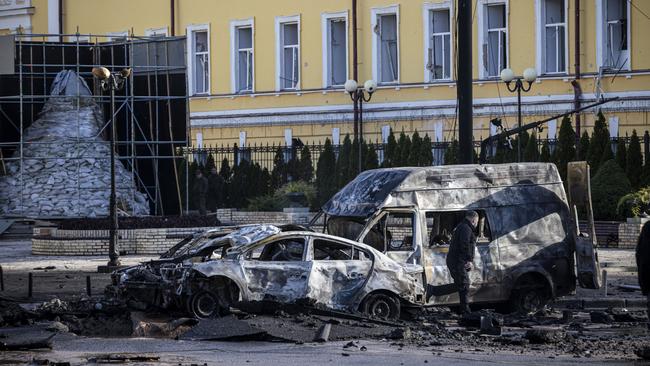 The site of a missile blast in Kyiv on Monday. Picture: Getty Images