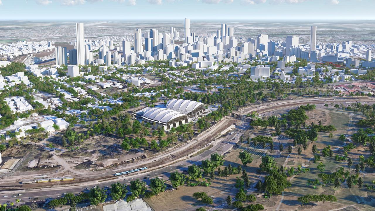 Artist impressions of the National Aquatics Centre proposed for the Brisbane 2032 Olympic Games. Credit: Archipelago Architects.