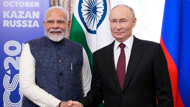 Russia's President Vladimir Putin meets with Indian Prime Minister Narendra Modi on the sidelines of the BRICS summit in Kazan. Picture: Alexander Zemlianichenko/AFP