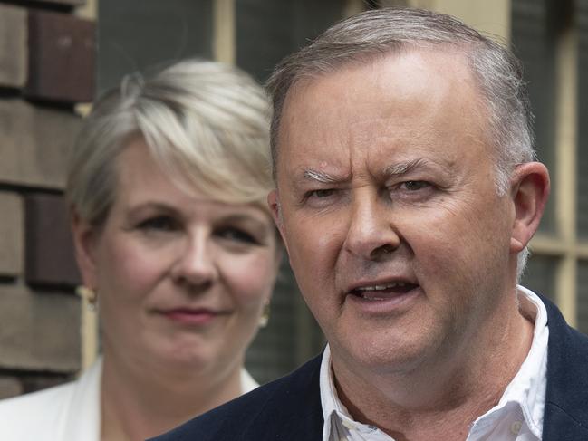 SYDNEY, AUSTRALIA - NewsWire PhotosSunday, 18 October 2020.The Leader of the Australian Labor Party, Anthony Albanese pictured speaking on the corner of Layton St & Pyrmont Bridge Rd where he grew up in unit 41, behind on the left Shadow Minister for Education and Training, Tanya Plibersek. Picture: NCA NewsWire/ Monique Harmer