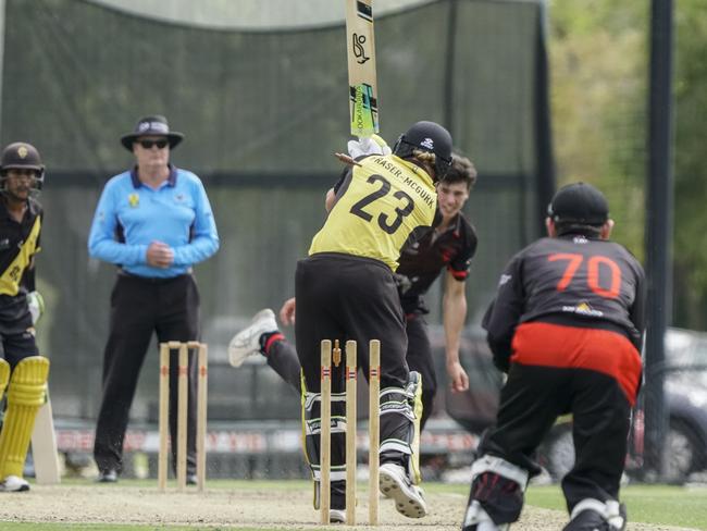 Premier: Richmond’s Jake Fraser-McGurk is bowled by James O’Donnell. Picture: Valeriu Campan