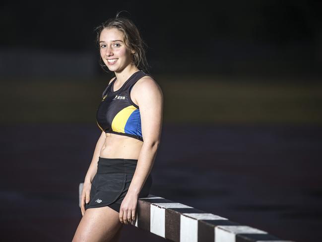 Leader Sports Star nominee Kate Abfalter, is a Steeples and Pole Vaulter from Aberfeldie. Kate at Moonee Valley Athletics Track. Picture: Sarah Matray