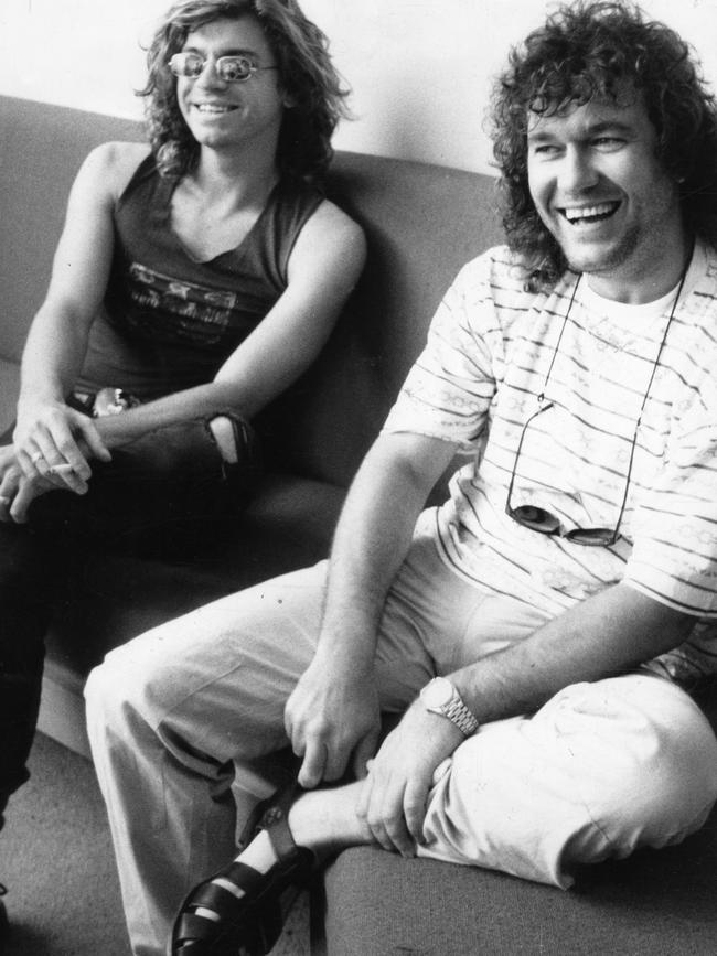 Jimmy Barnes and Michael Hutchence in a joint press conference at Adelaide Airport the day before the Australian Made concert at Thebarton Oval.