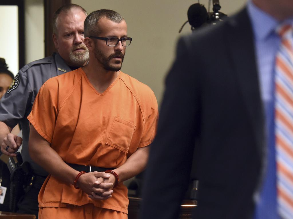 Christopher Watts is escorted into the courtroom before his bond hearing back in August 2018. Picture: Joshua Polson/The Greeley Tribune/AP