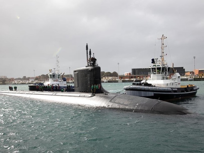 The Virginia-class fast-attack submarine USS Hawaii (SSN 776) prepares to moor at HMAS Stirling in Western Australia. Picture: US Navy Photo, Petty Officer 1st Class Victoria Mejicanos