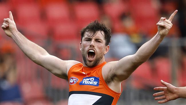 Giants Brent Daniels celebrates kicking a goal  during the AFL Round 23 match between the GWS Giants and Fremantle Dockers at Engie Stadium on August 17, 2024. Photo by Phil Hillyard(Image Supplied for Editorial Use only - **NO ON SALES** - Â©Phil Hillyard )