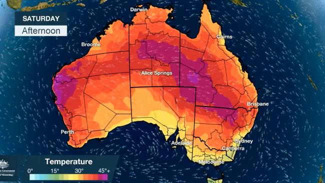 Saturday will be far cooler across the southeast. But the purple patch in Western Australia is more hot weather bubbling up that will head east next week. Picture: Bureau of Meteorology