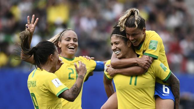 Brazil's forward Cristiane (2ndR) headlines a list of dangerous players for the Matildas. Picture: AFP