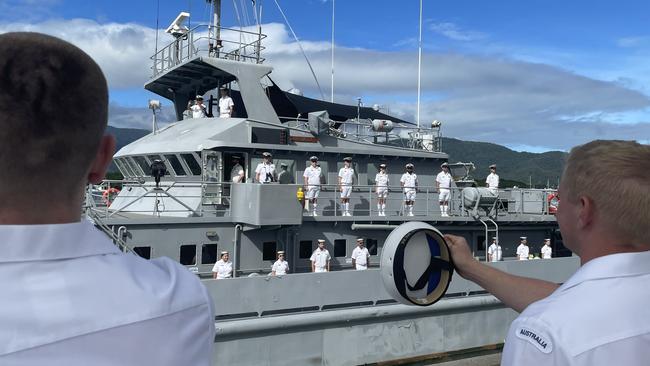 HMAS Benalla was greeted by salutes from tugboats and those of the sailors who had served on her deck throughout its service. Photo: Dylan Nicholson