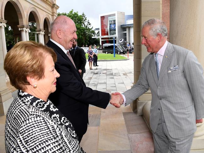 Prince Charles (right) is greeted by the Governor General Sir Peter Cosgrove and his wife Lynne. Picture: Dan Peled/AAP