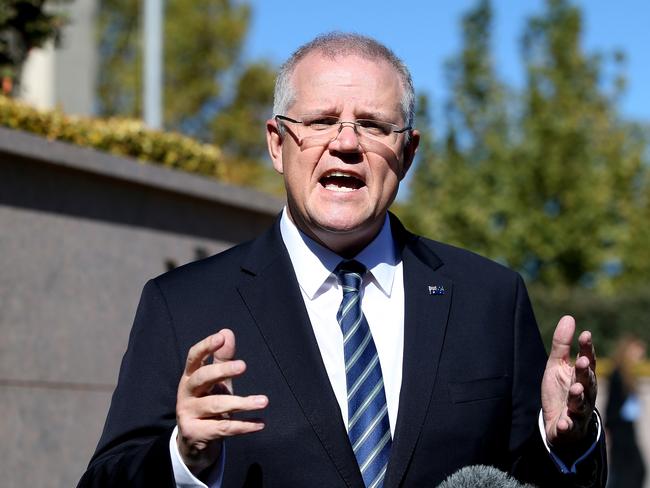 Treasurer Scott Morrison holding a doorstop at the Treasury Building in Canberra ahead of next week’s budget. Picture: Kym Smith