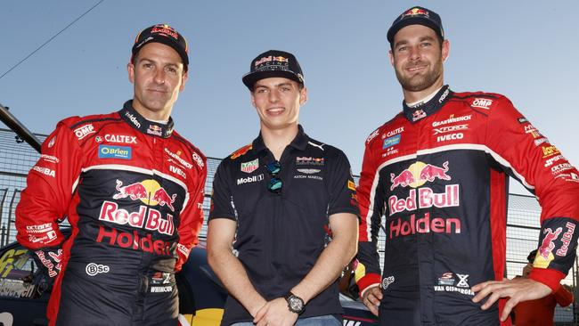 Jamie Whincup (L) and Shane van Gisbergen (R) with F1 driver Max Verstappen. Picture: Mark Horsburgh
