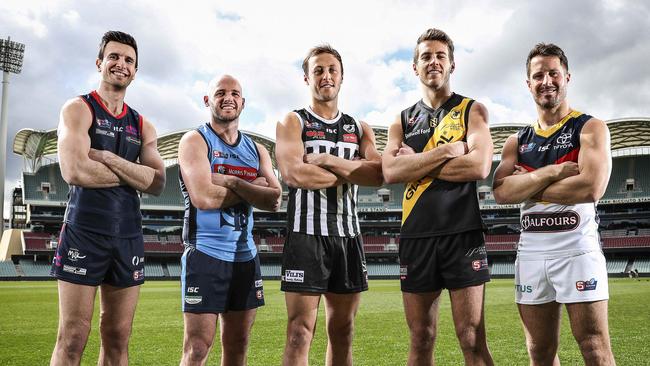 Norwood's Matthew Panos, Sturt's Zane Kirkwood, Port Adelaide’s Cameron Sutcliffe, Glenelg’s Chris Curran and Adelaide's Matthew Wright before the 2019 finals series. Picture: Sarah Reed