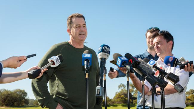 Former Fremantle Dockers head coach Ross Lyon speaks to the media during a press in Perth, Tuesday, August 20, 2019. (AAP Image/Richard Wainwright) NO ARCHIVING