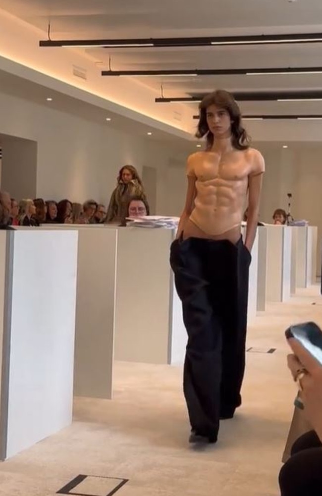 A woman wore a male breastplate on the same catwalk. Picture: TikTok/becausemagazine